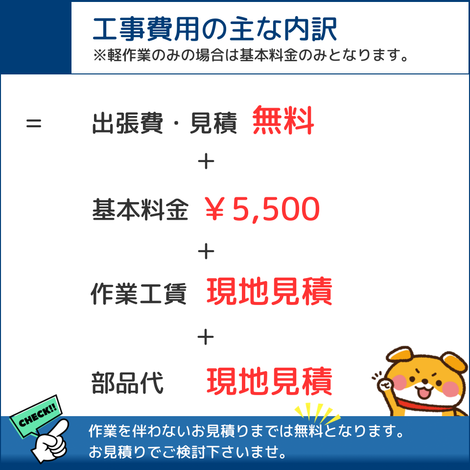 工事費の内訳(出張費無料+基本料金5,500円+作業工賃+部品代)