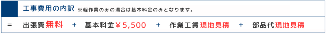 工事費の内訳(出張費無料+基本料金5,500円+作業工賃+部品代)